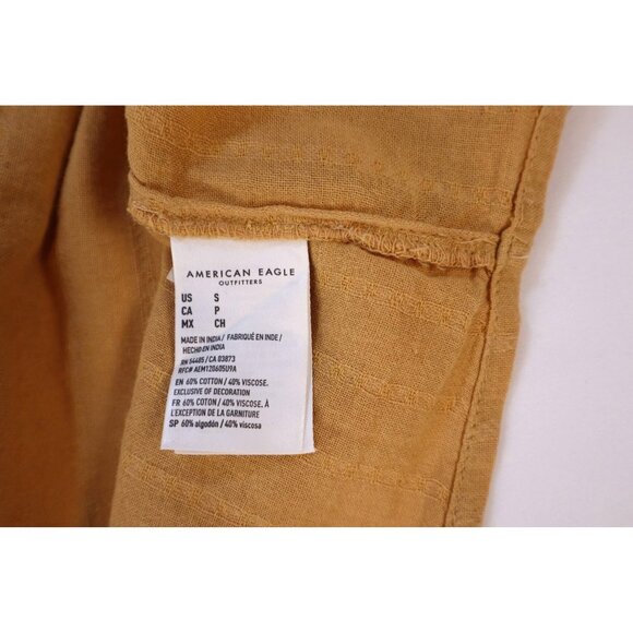 American Eagle Embroidered Mustard Yellow Peasant Blouse With Tassel Tie Neck S - Picture 7 of 12